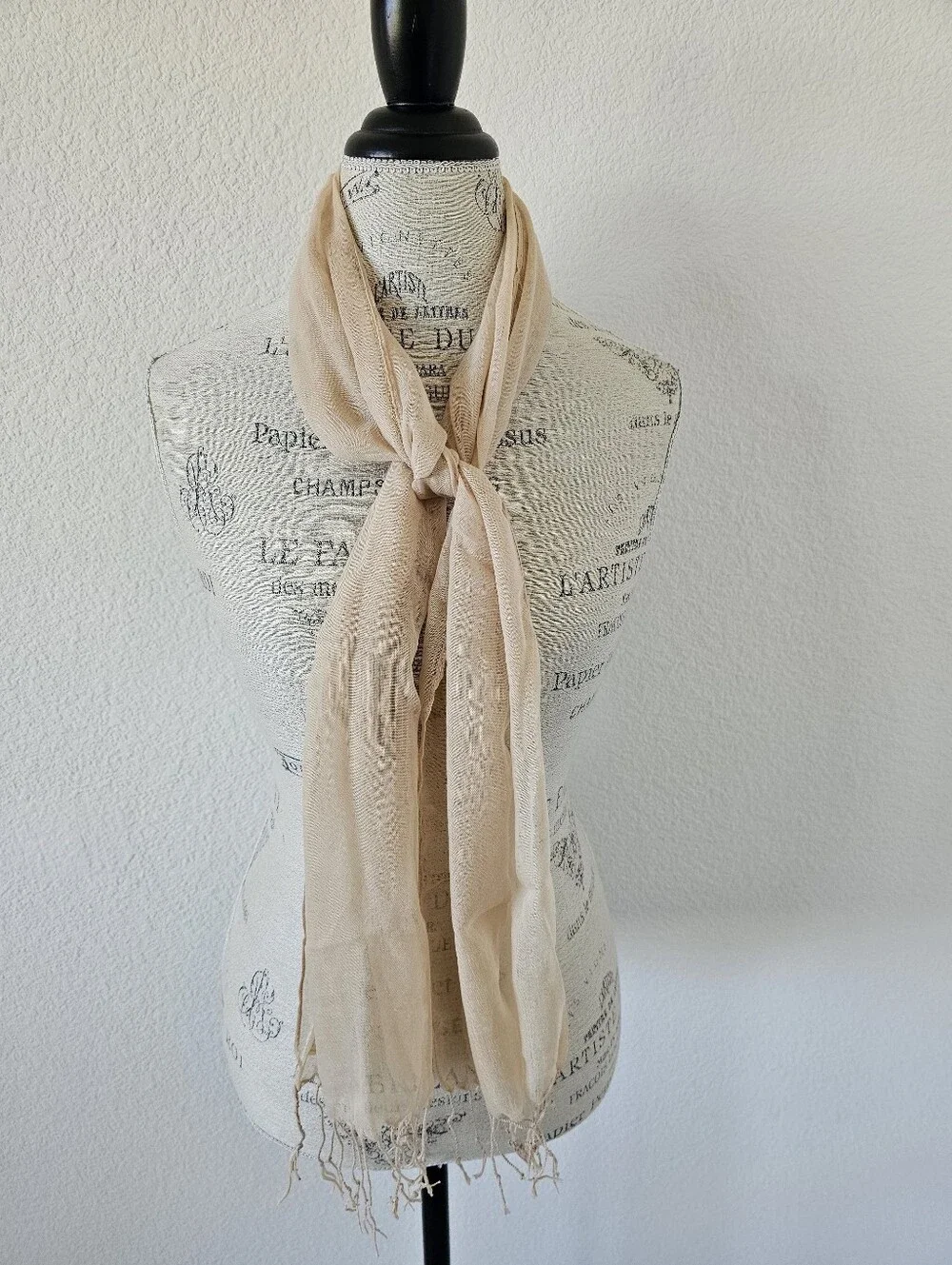 Sheer Beige Lightweight Mesh Scarf Wrap Fringe Trim Soft Neutral Nude​